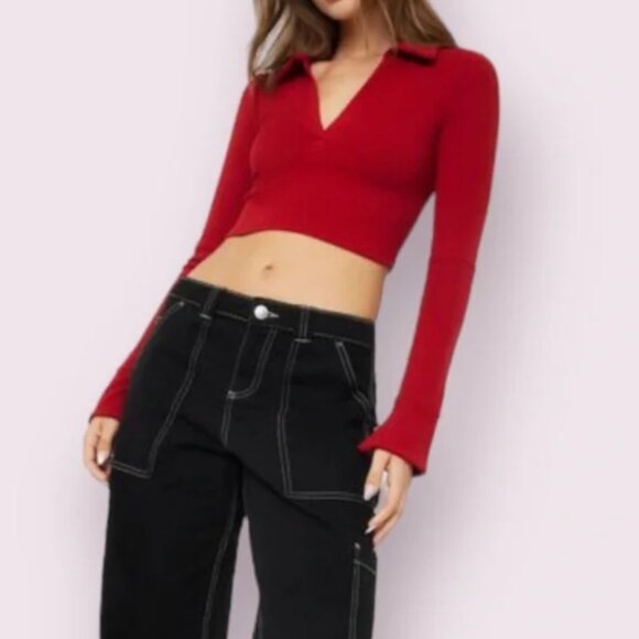 Garage Crimson Red Long Sleeve Polo Tee - Picture 1 of 1